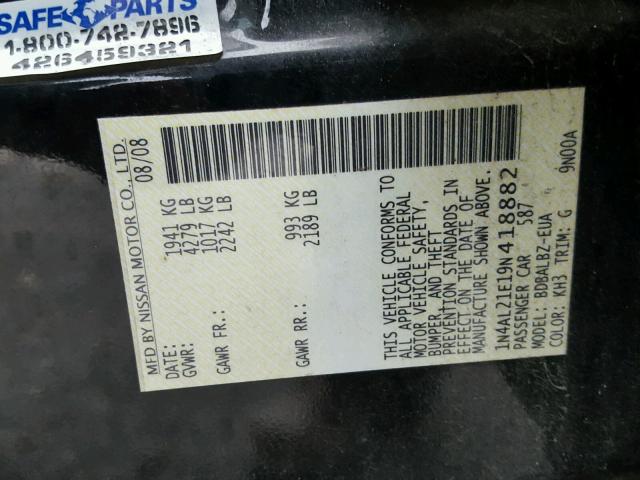 1N4AL21E19N418882 - 2009 NISSAN ALTIMA 2.5 BLACK photo 10