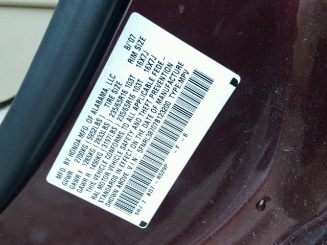 5FNRL38707B123200 - 2007 HONDA ODYSSEY EX BURGUNDY photo 10