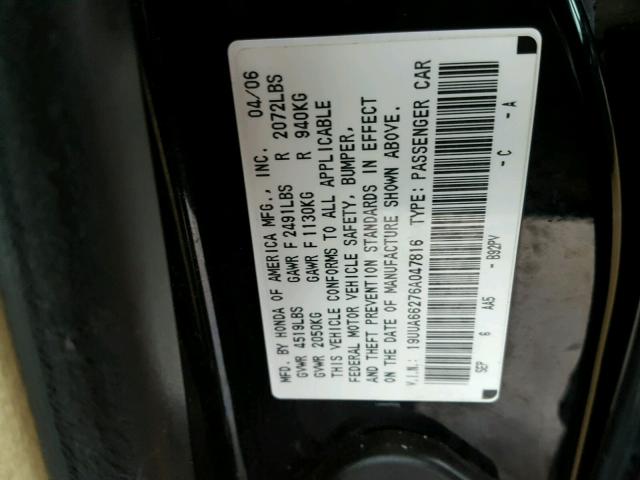 19UUA66276A047816 - 2006 ACURA 3.2TL BLACK photo 10