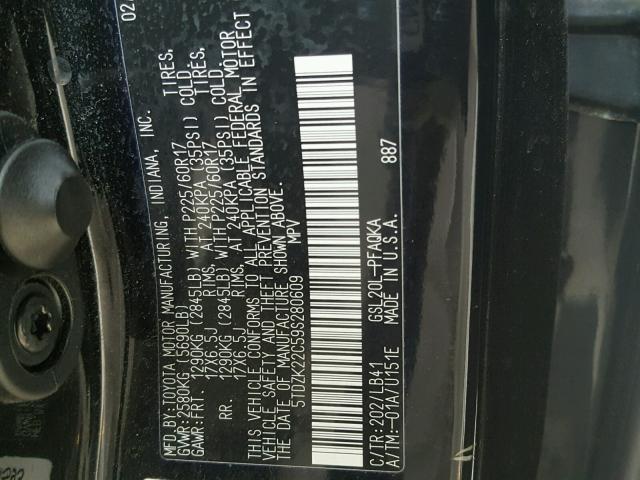 5TDZK22C59S280609 - 2009 TOYOTA SIENNA XLE BLACK photo 10