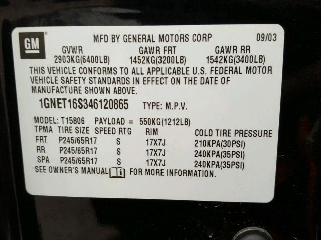 1GNET16S346120865 - 2004 CHEVROLET TRAILBLAZE BLACK photo 10