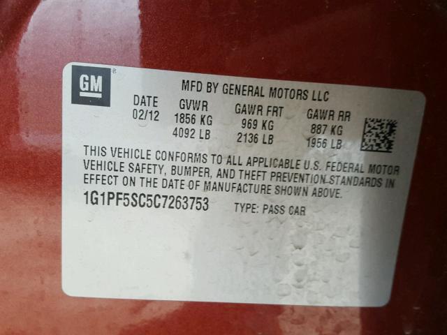 1G1PF5SC5C7263753 - 2012 CHEVROLET CRUZE LT ORANGE photo 10