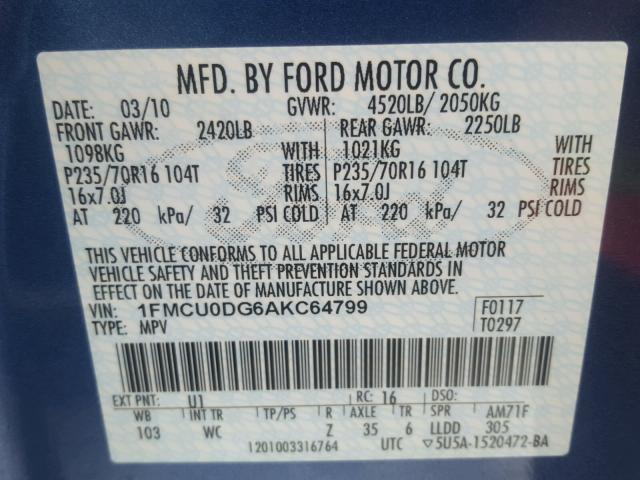 1FMCU0DG6AKC64799 - 2010 FORD ESCAPE XLT BLUE photo 10