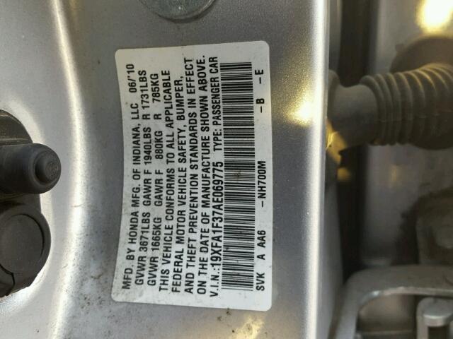 19XFA1F37AE069775 - 2010 HONDA CIVIC VP SILVER photo 10