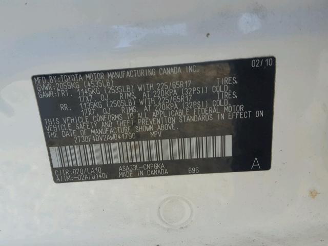 2T3DF4DV2AW041790 - 2010 TOYOTA RAV4 LIMIT WHITE photo 10