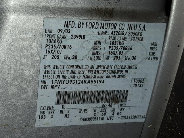 1FMYU93124KA65194 - 2004 FORD ESCAPE XLT SILVER photo 10