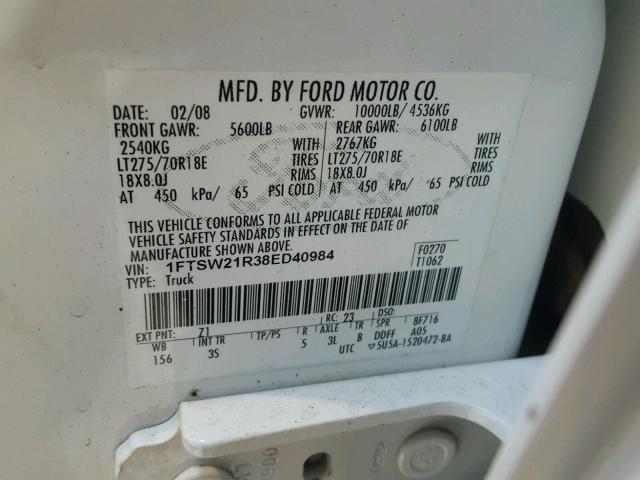 1FTSW21R38ED40984 - 2008 FORD F250 SUPER WHITE photo 10