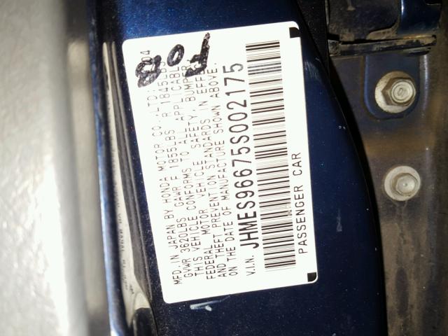 JHMES96675S002175 - 2005 HONDA CIVIC HYBR BLUE photo 10