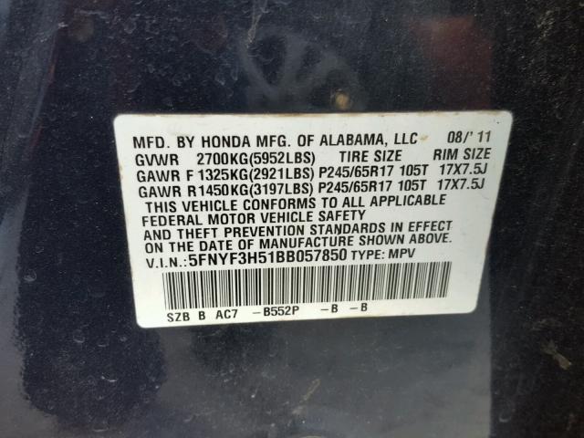 5FNYF3H51BB057850 - 2011 HONDA PILOT EXL BLUE photo 10