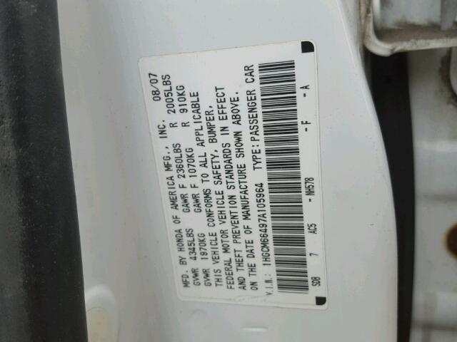 1HGCM66497A105964 - 2007 HONDA ACCORD SE WHITE photo 10