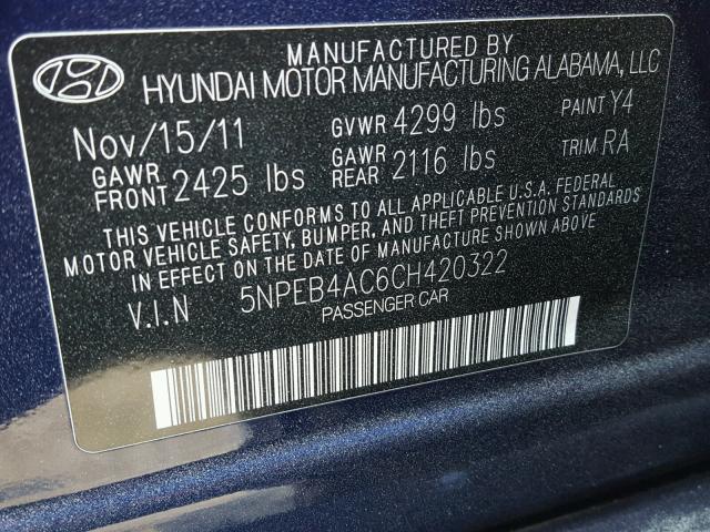 5NPEB4AC6CH420322 - 2012 HYUNDAI SONATA GLS BLUE photo 10