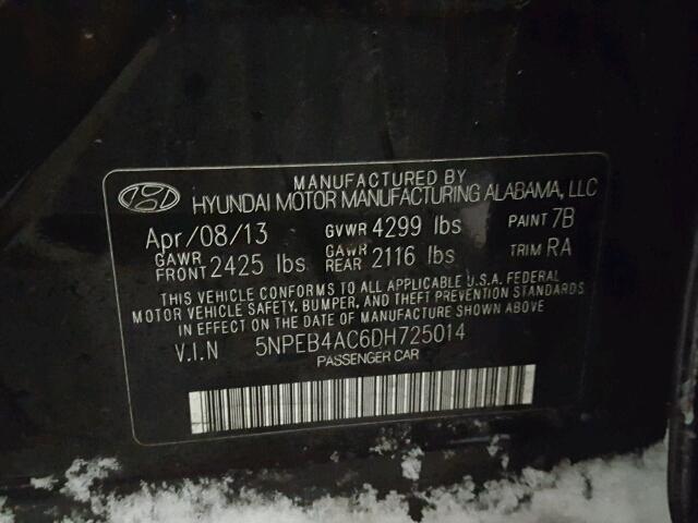 5NPEB4AC6DH725014 - 2013 HYUNDAI SONATA GLS BLACK photo 10