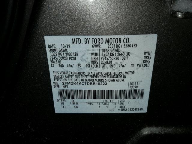 2FMDK4KC7DBB19223 - 2013 FORD EDGE LIMIT GRAY photo 10