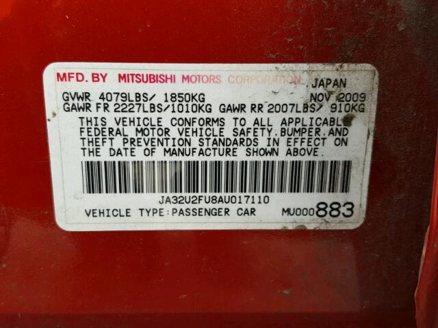 JA32U2FU8AU017110 - 2010 MITSUBISHI LANCER ES/ RED photo 10