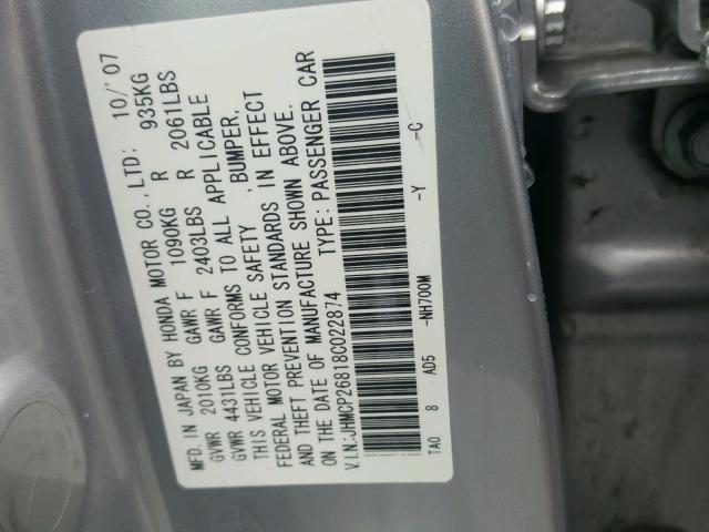 JHMCP26818C022874 - 2008 HONDA ACCORD EXL SILVER photo 10