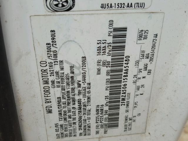 2FMZA50615BA65480 - 2005 FORD FREESTAR S WHITE photo 10