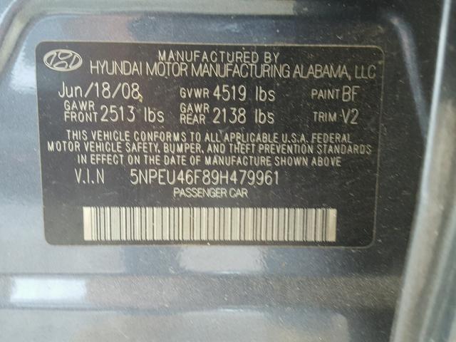 5NPEU46F89H479961 - 2009 HYUNDAI SONATA SE BLUE photo 10