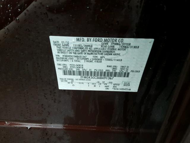 2FMGK5CC3ABA91367 - 2010 FORD FLEX SEL წითელი ფოტო 10