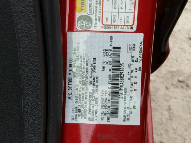 3FAHP0JA5BR291805 - 2011 FORD FUSION SEL RED photo 10