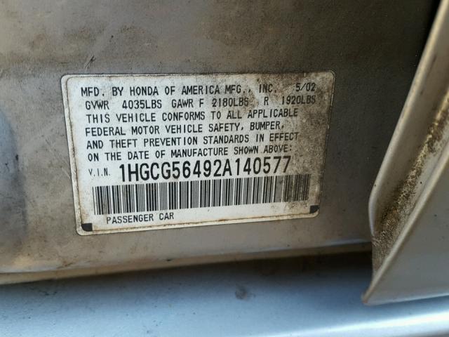 1HGCG56492A140577 - 2002 HONDA ACCORD LX SILVER photo 10