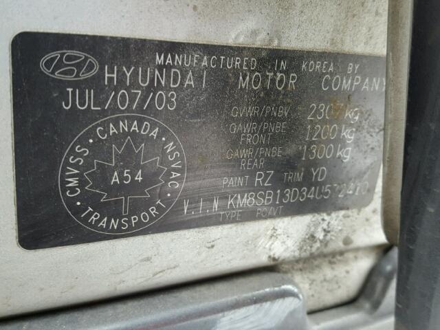 KM8SB13D34U572410 - 2004 HYUNDAI SANTA FE B SILVER photo 10