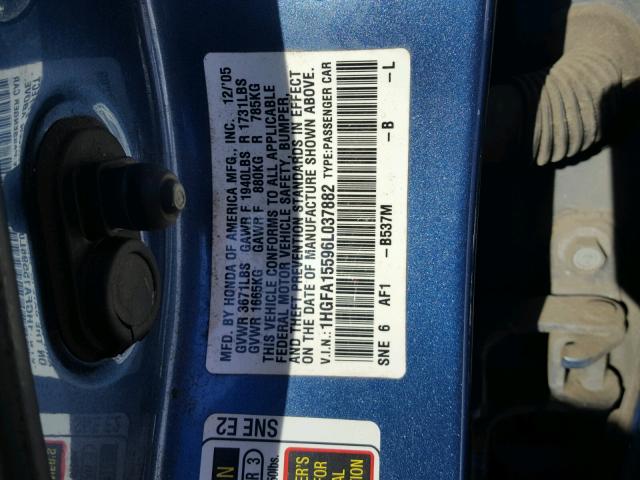 1HGFA15596L037882 - 2006 HONDA CIVIC LX BLUE photo 10