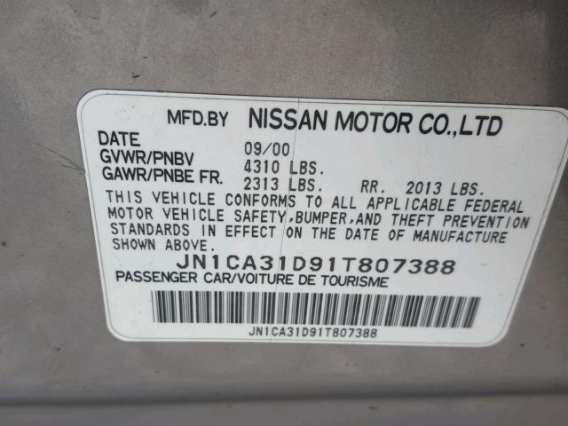 JN1CA31D91T807388 - 2001 NISSAN MAXIMA GXE SILVER photo 10