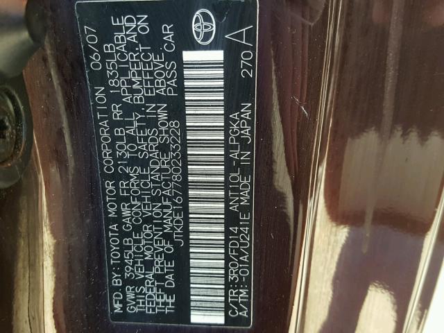 JTKDE167780233228 - 2008 TOYOTA SCION TC BURGUNDY photo 10