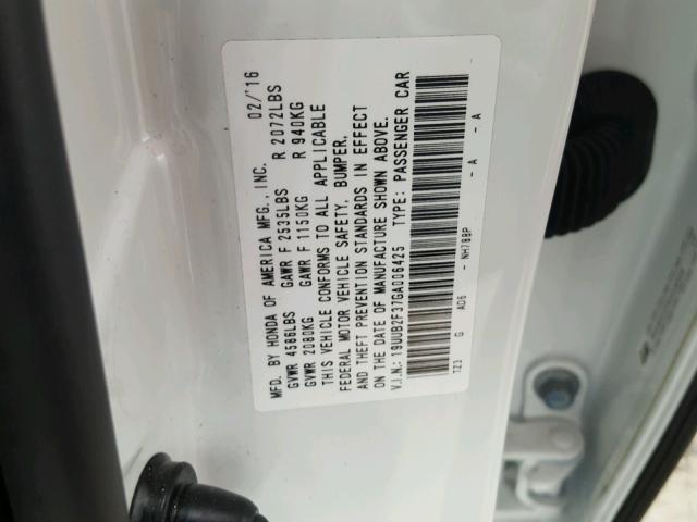 19UUB2F37GA006425 - 2016 ACURA TLX WHITE photo 10