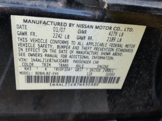 1N4AL21E87N430489 - 2007 NISSAN ALTIMA 2.5 BLACK photo 10