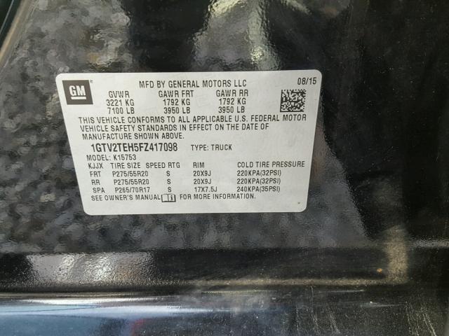 1GTV2TEH5FZ417098 - 2015 GMC SIERRA K15 BLACK photo 10