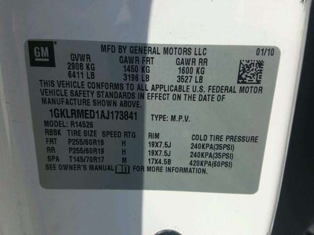 1GKLRMED1AJ173841 - 2010 GMC ACADIA SLT თეთრი ფოტო 10