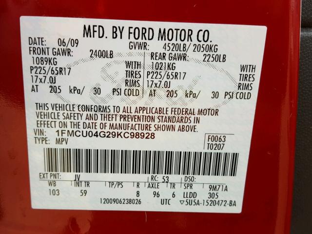 1FMCU04G29KC98928 - 2009 FORD ESCAPE LIM RED photo 10