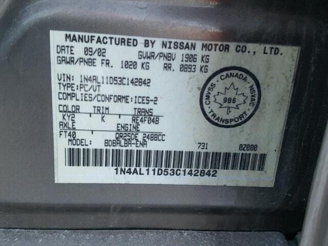 1N4AL11D53C142842 - 2003 NISSAN ALTIMA BAS GREEN photo 10