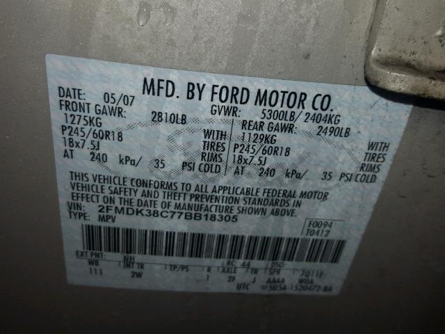 2FMDK38C77BB18305 - 2007 FORD EDGE SEL WHITE photo 10