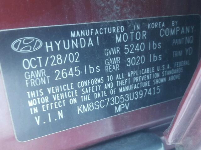 KM8SC73D53U397415 - 2003 HYUNDAI SANTA FE G RED photo 10