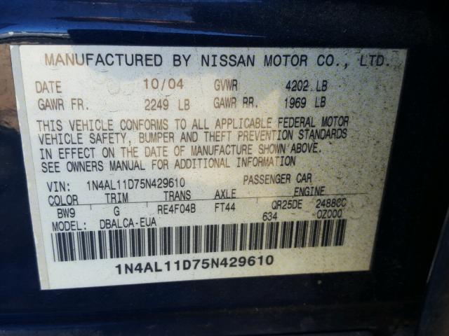 1N4AL11D75N429610 - 2005 NISSAN ALTIMA S BLUE photo 10