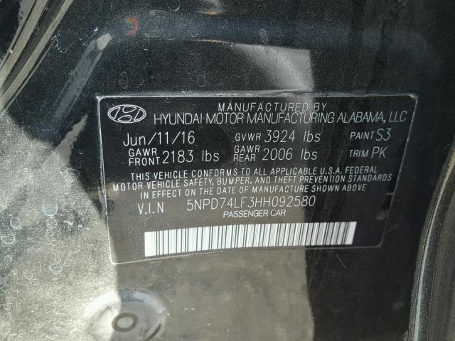 5NPD74LF3HH092580 - 2017 HYUNDAI ELANTRA SE BLACK photo 10