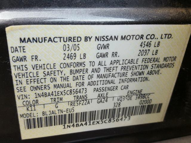 1N4BA41EX5C856473 - 2005 NISSAN MAXIMA SE GRAY photo 10