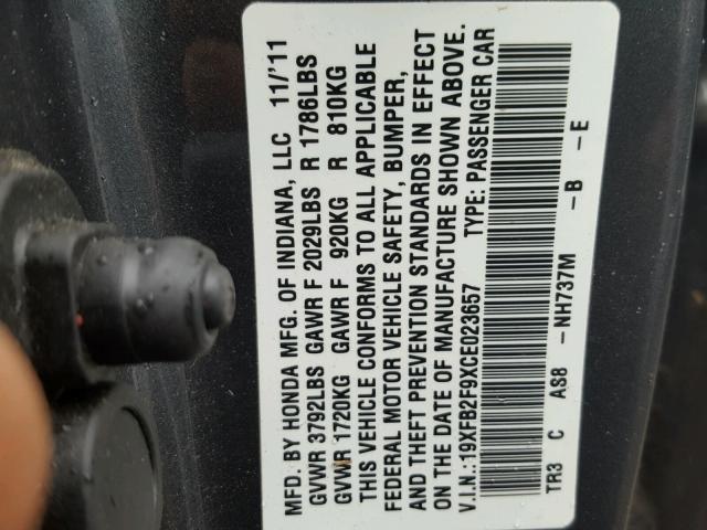 19XFB2F9XCE023657 - 2012 HONDA CIVIC EXL BLACK photo 10