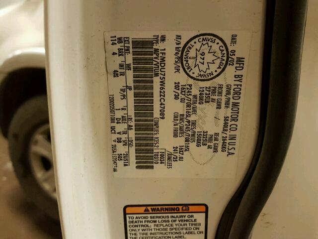 1FMDU75W62ZC47089 - 2002 FORD EXPLORER L WHITE photo 10