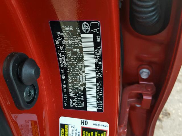 2T1BURHE1HC800664 - 2017 TOYOTA COROLLA L RED photo 10