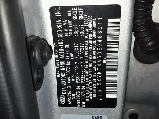 5XYKT4A63EG463911 - 2014 KIA SORENTO LX SILVER photo 10