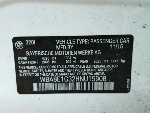 WBA8E1G32HNU15908 - 2017 BMW 320 I WHITE photo 10