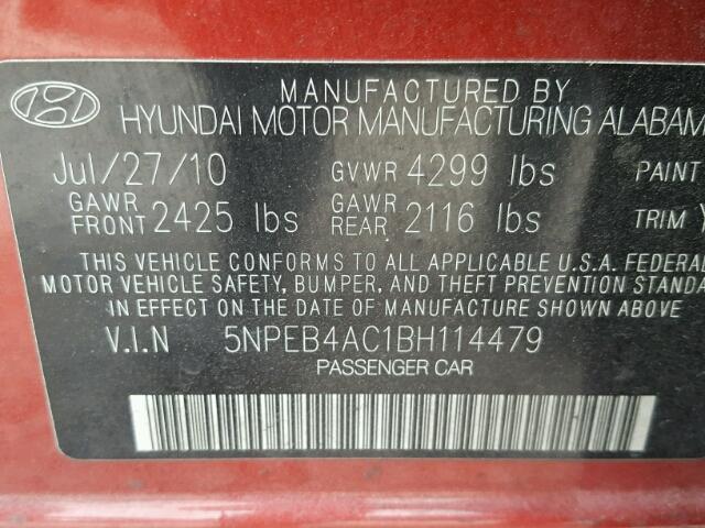 5NPEB4AC1BH114479 - 2011 HYUNDAI SONATA GLS RED photo 10