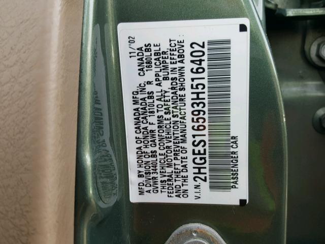 2HGES16593H516402 - 2003 HONDA CIVIC LX GREEN photo 10