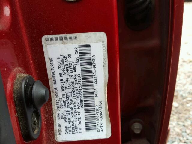 1NXBR32E24Z237883 - 2004 TOYOTA COROLLA CE RED photo 10