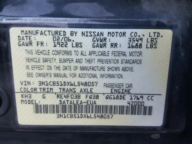 3N1CB51DX6L548057 - 2006 NISSAN SENTRA 1.8 BLACK photo 10