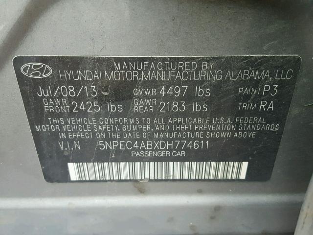 5NPEC4ABXDH774611 - 2013 HYUNDAI SONATA SE GRAY photo 10