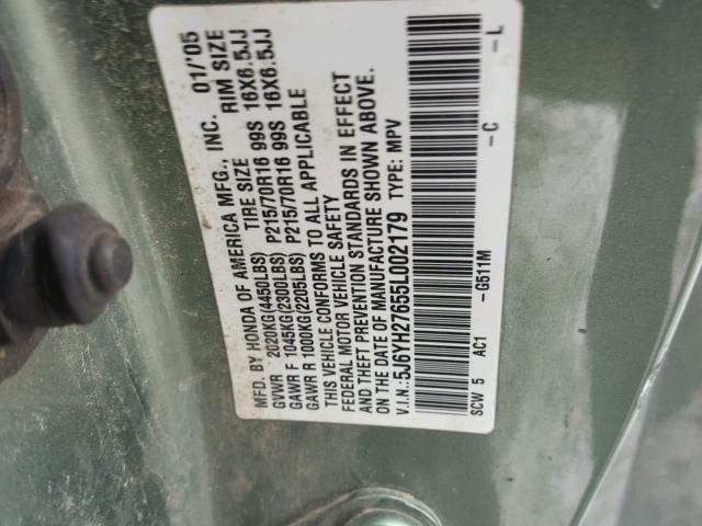 5J6YH27655L002179 - 2005 HONDA ELEMENT EX GREEN photo 10